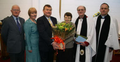 L to R: Ian Somerville, (Former member of Select Vestry), Irene Kirker (People’s Churchwarden), David Armstrong (Rector’s Churchwarden), Mrs Deirdre Irwin (Rector’s wife), the Rev Canon George Irwin (Rector) and the Rev Kenneth Gamble (Curate).